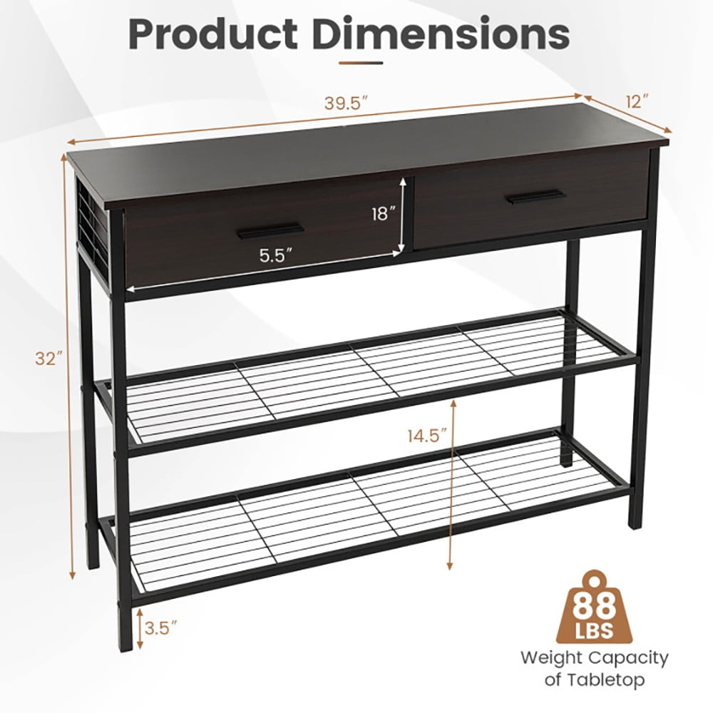 Hommoo 39.5 Inch Entryway Table with 2 Drawers and 2-Tier Shelves, Narrow Console Table, Dark Brown Image 3