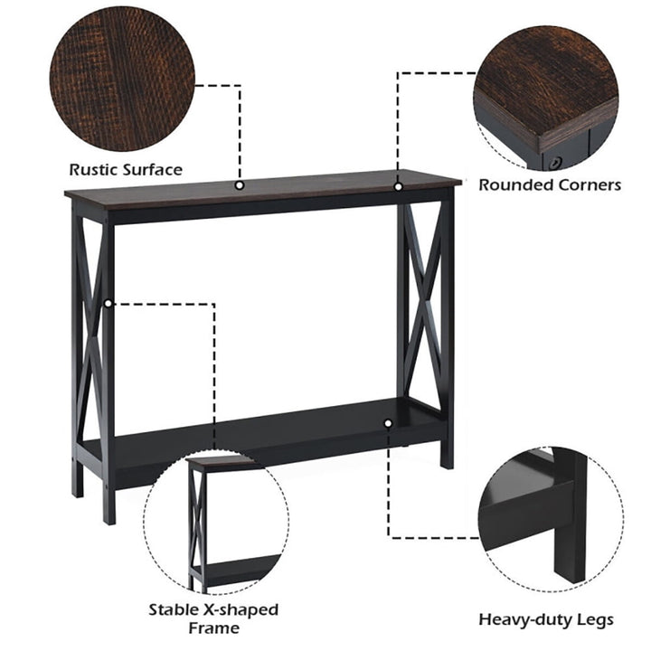 Hommoo 2-Tier Console X-Design Sofa Side Accent Table, Narrow Console Table, Wood Grain Image 4