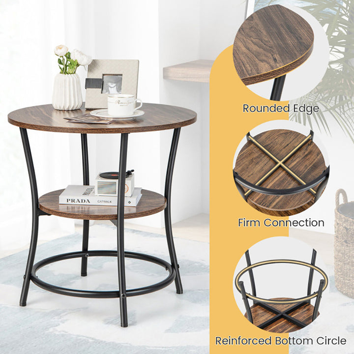 Hommoo 2-Tier Round End Table with Open Storage Shelf and Sturdy Metal Frame-Brown Image 2