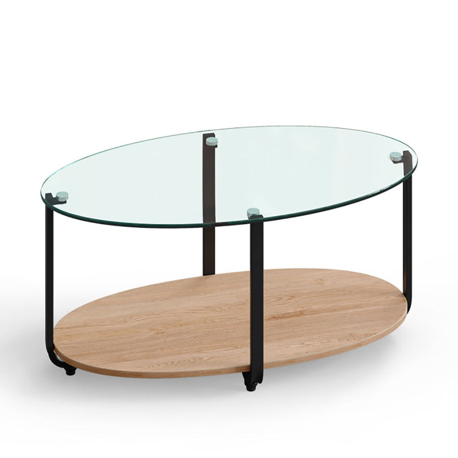 Hommoo Coffee Table, Modern Sofa Table Tea Table,2-Tier Glass-Top Oval Coffee Table with Wooden Shelf for Living Room Image 1