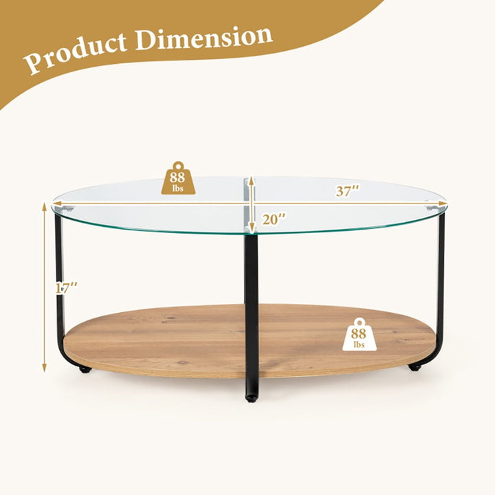 Hommoo Coffee Table, Modern Sofa Table Tea Table,2-Tier Glass-Top Oval Coffee Table with Wooden Shelf for Living Room Image 2