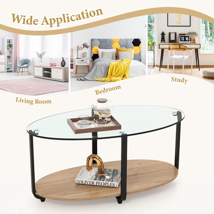 Hommoo Coffee Table, Modern Sofa Table Tea Table,2-Tier Glass-Top Oval Coffee Table with Wooden Shelf for Living Room Image 4