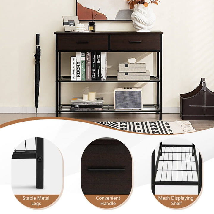 Hommoo 39.5 Inch Entryway Table with 2 Drawers and 2-Tier Shelves, Narrow Console Table, Dark Brown Image 6