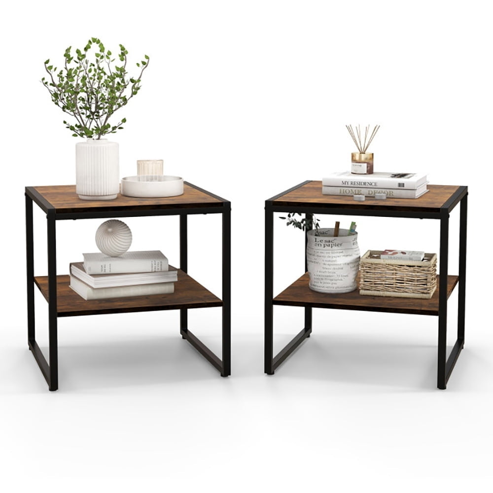 Hommoo 2 Pieces Industrial 2-Tier Side Table Set with Open Shelf-Rustic Brown Image 1