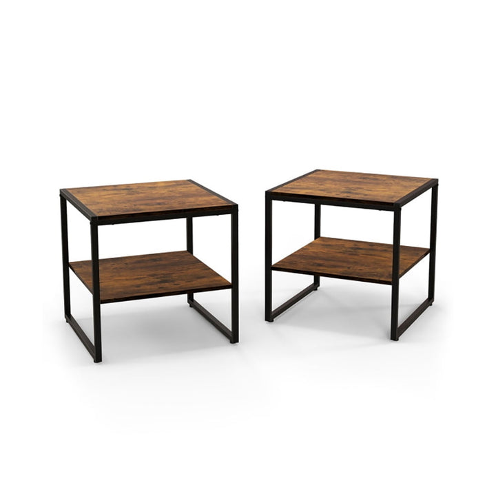 Hommoo 2 Pieces Industrial 2-Tier Side Table Set with Open Shelf-Rustic Brown Image 2