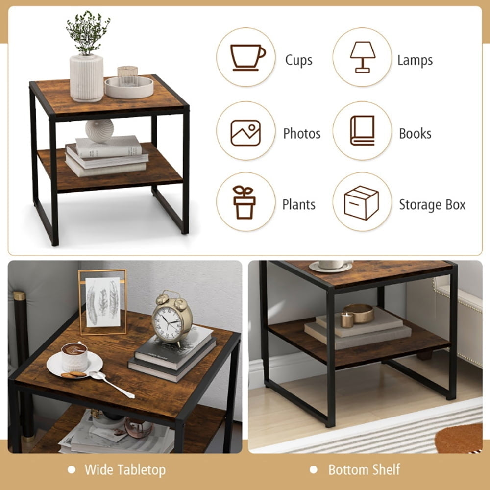 Hommoo 2 Pieces Industrial 2-Tier Side Table Set with Open Shelf-Rustic Brown Image 3