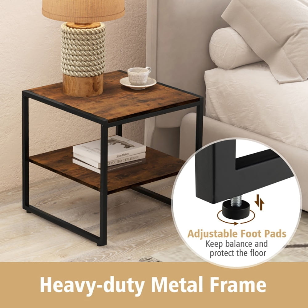 Hommoo 2 Pieces Industrial 2-Tier Side Table Set with Open Shelf-Rustic Brown Image 6