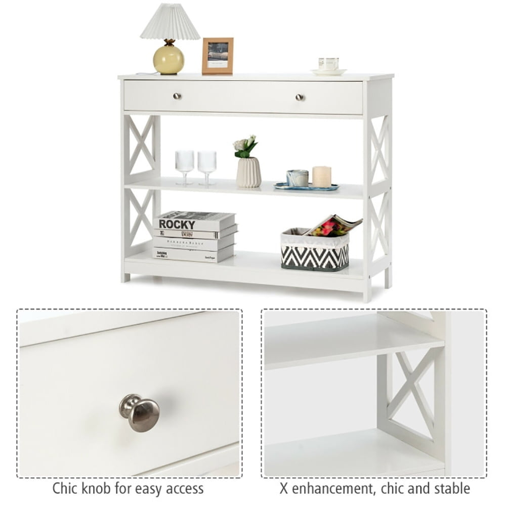 Hommoo 3-Tier Console Table with Drawers for Living Room Entryway, Narrow Console Table, White Image 2