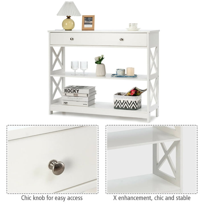 Hommoo 3-Tier Console Table with Drawers for Living Room Entryway, Narrow Console Table, White Image 2