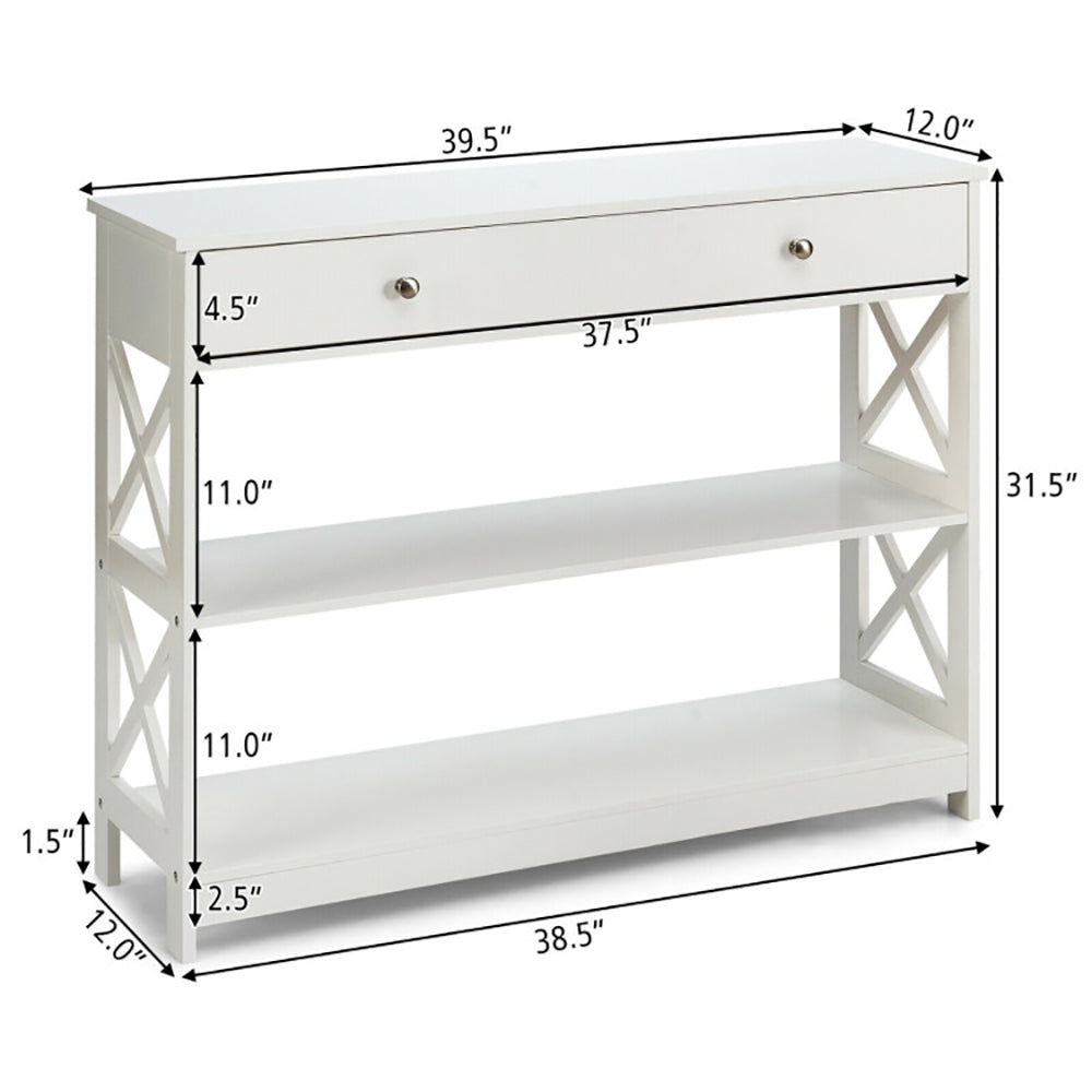 Hommoo 3-Tier Console Table with Drawers for Living Room Entryway, Narrow Console Table, White Image 3