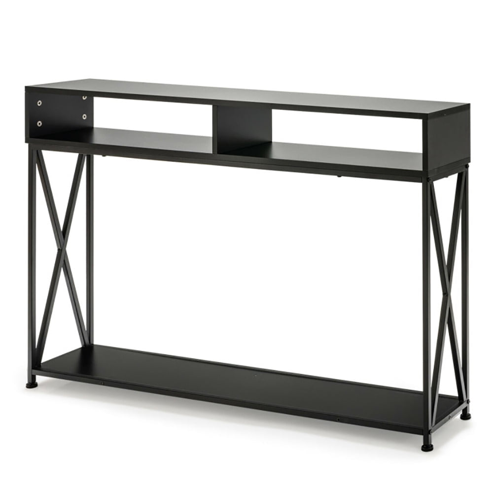 Hommoo Console Table with Open Shelf and Storage Compartments Steel Frame, Narrow Console Table, Black Image 1