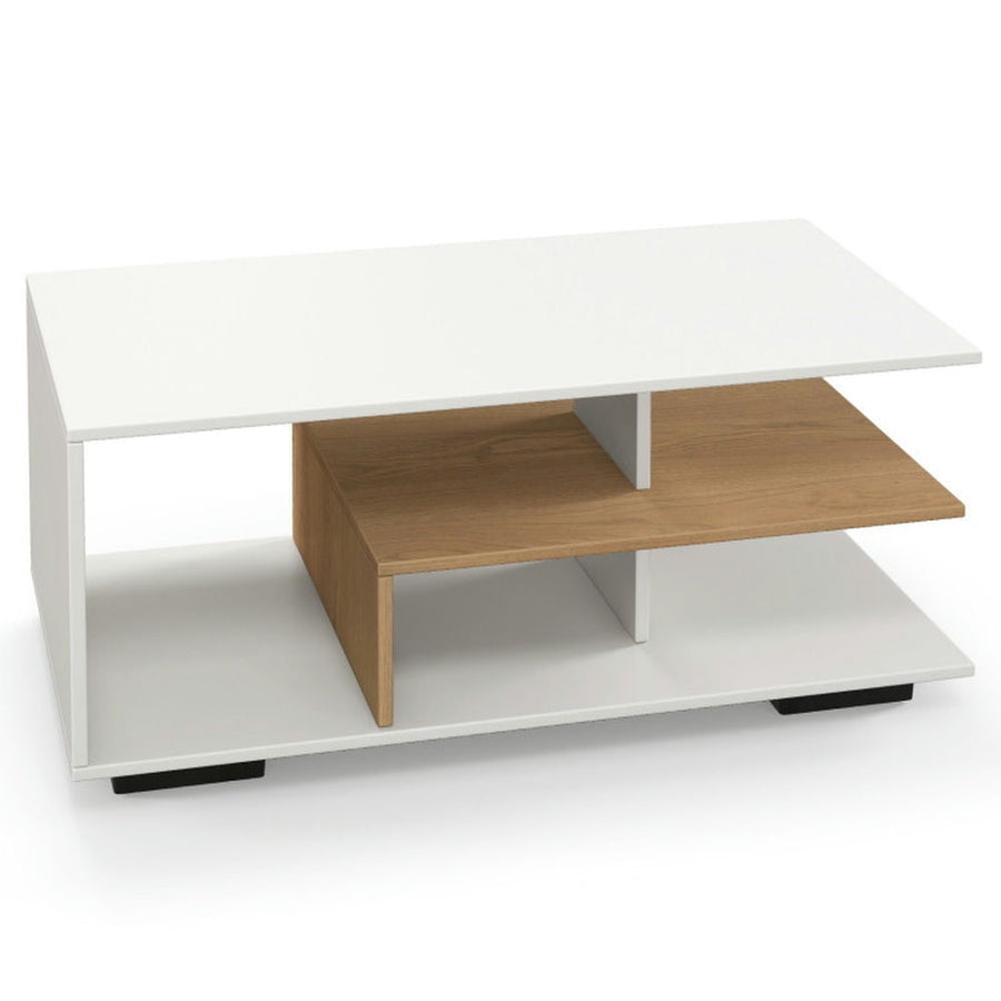 Hommoo Coffee Table,Center Table, Modern Sofa Table Tea Table,Rectangular Coffee Table with L-shaped Middle Shelf-White Image 1