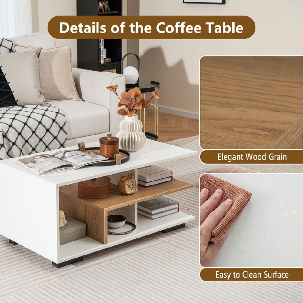 Hommoo Coffee Table,Center Table, Modern Sofa Table Tea Table,Rectangular Coffee Table with L-shaped Middle Shelf-White Image 2