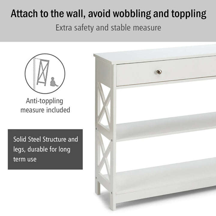 Hommoo 3-Tier Console Table with Drawers for Living Room Entryway, Narrow Console Table, White Image 6