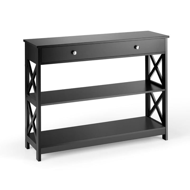 Hommoo Console Table 3-Tier with Drawer and Storage Shelves, Narrow Console Table, Black Image 1