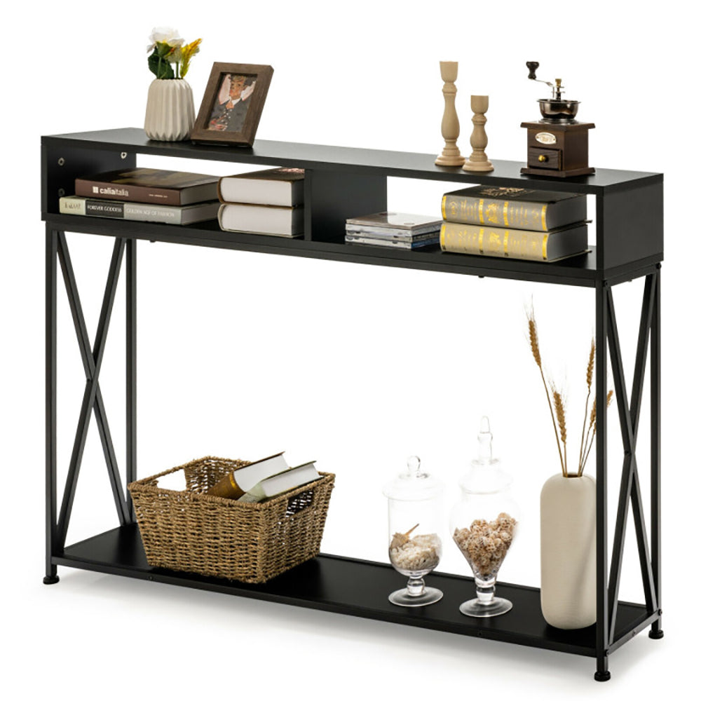 Hommoo Console Table with Open Shelf and Storage Compartments Steel Frame, Narrow Console Table, Black Image 2