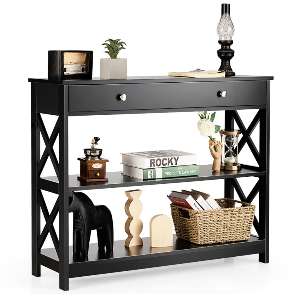 Hommoo Console Table 3-Tier with Drawer and Storage Shelves, Narrow Console Table, Black Image 5