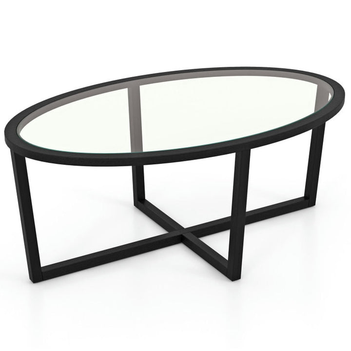 Hommoo Coffee Table,Center Table, Glass Coffee Table Oval Living Room Table with Cross Base and Acacia Wood Legs-Black Image 1