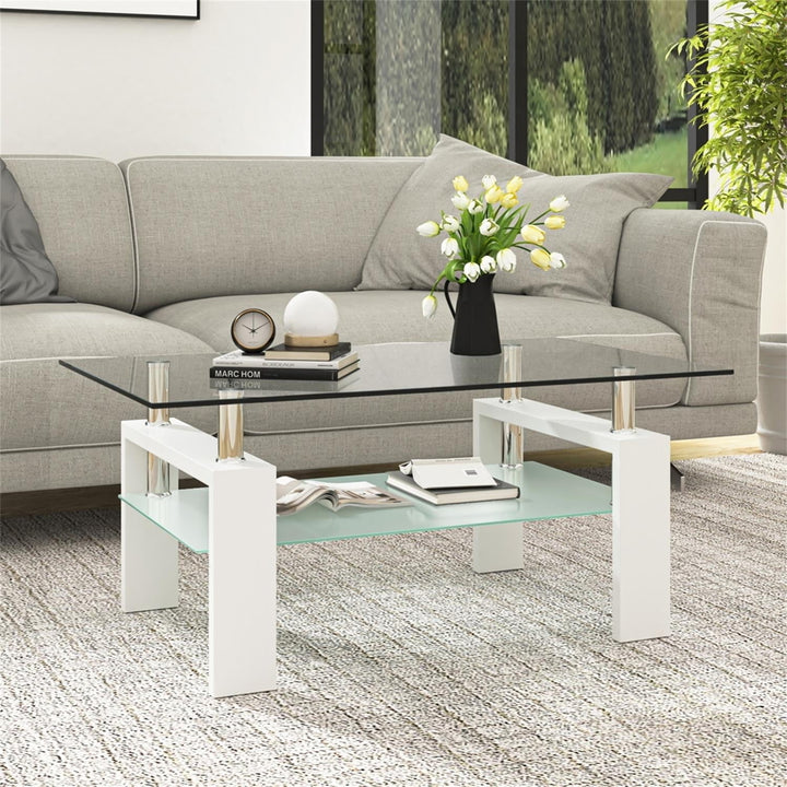 Hommoo Industrial Living Room Table with Open Storage and White Wood Legs, Clear Glass Coffee Table Sofa Tables for Home Image 1