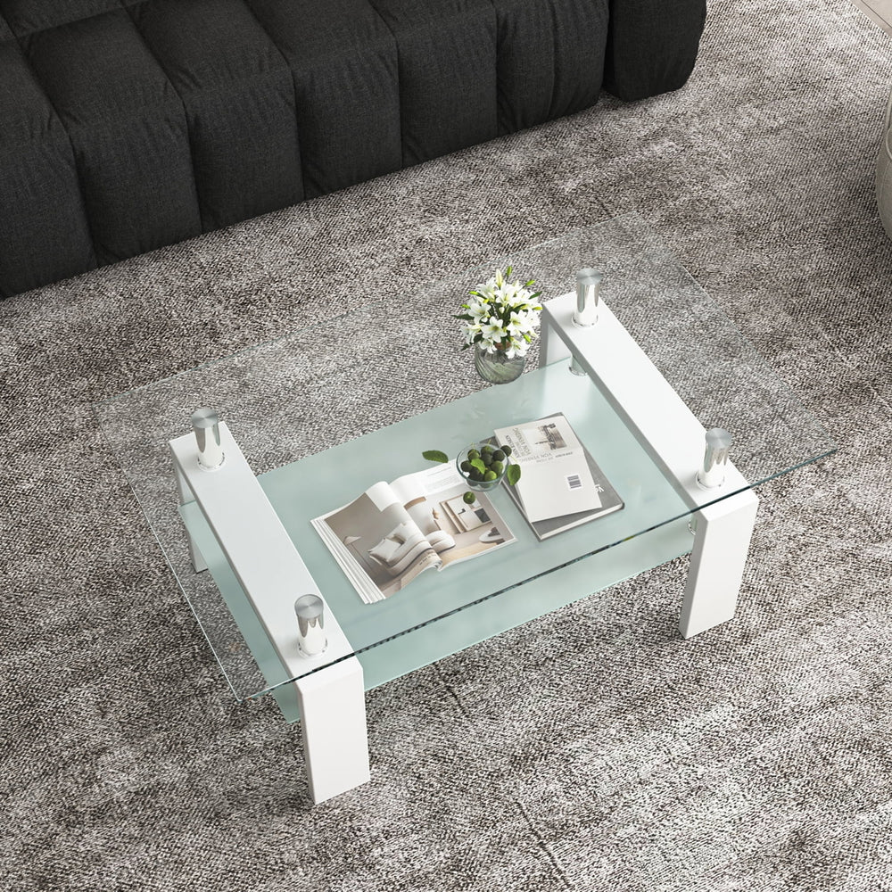 Hommoo Industrial Living Room Table with Open Storage and White Wood Legs, Clear Glass Coffee Table Sofa Tables for Home Image 2