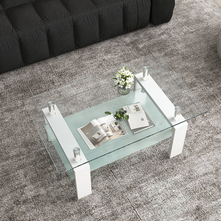 Hommoo Industrial Living Room Table with Open Storage and White Wood Legs, Clear Glass Coffee Table Sofa Tables for Home Image 2