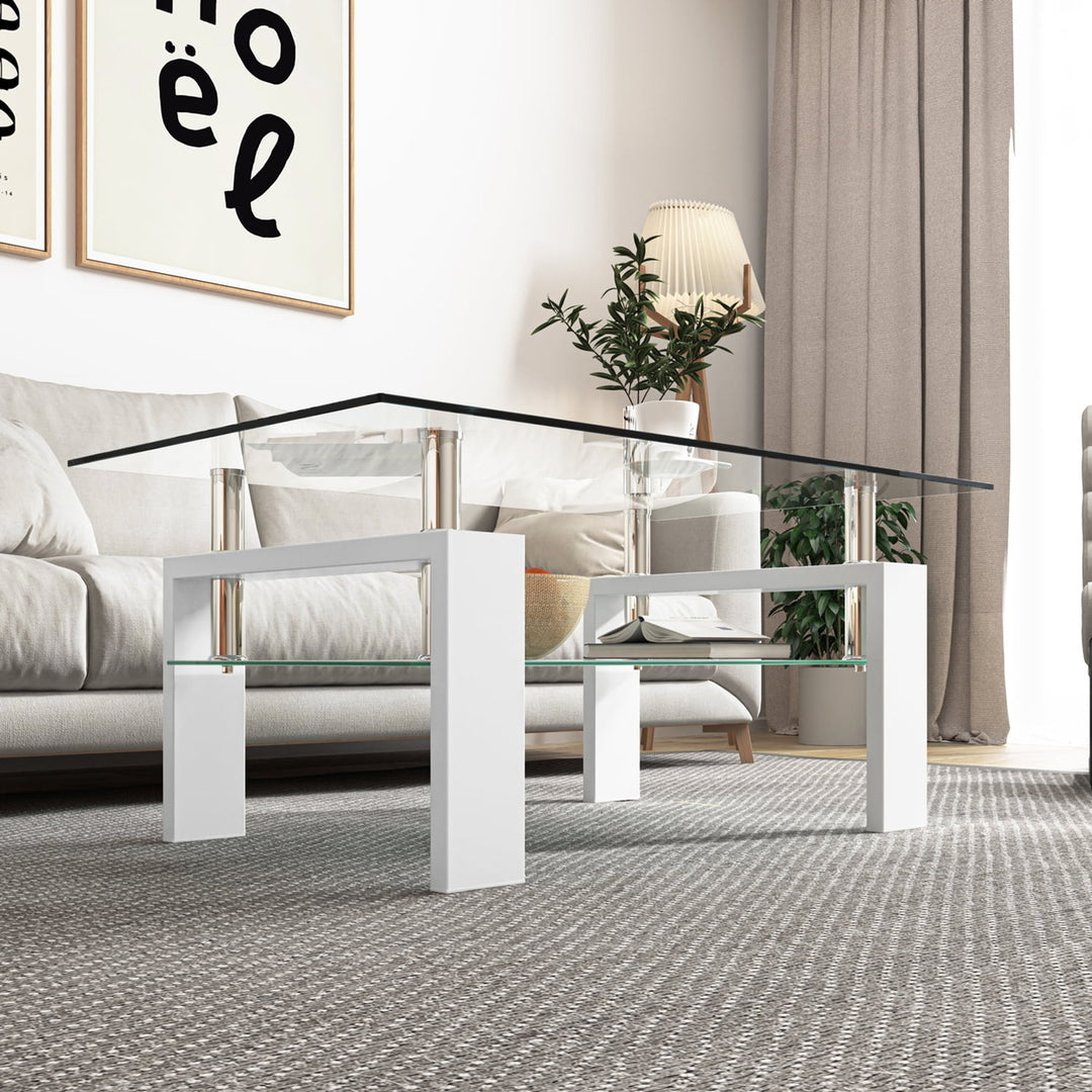 Hommoo Industrial Living Room Table with Open Storage and White Wood Legs, Clear Glass Coffee Table Sofa Tables for Home Image 3