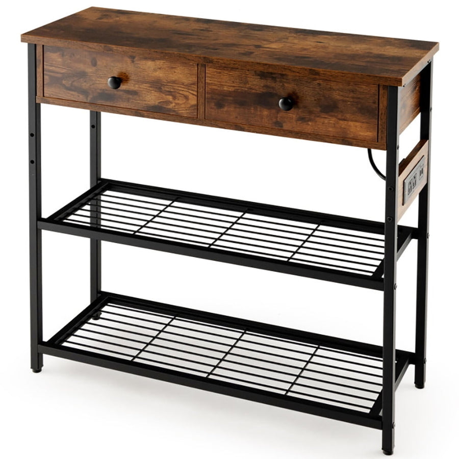 Hommoo Narrow Console Table with 2 Drawers and 2 Metal Mesh Shelves, Narrow Console Table, Rustic Brown Image 1