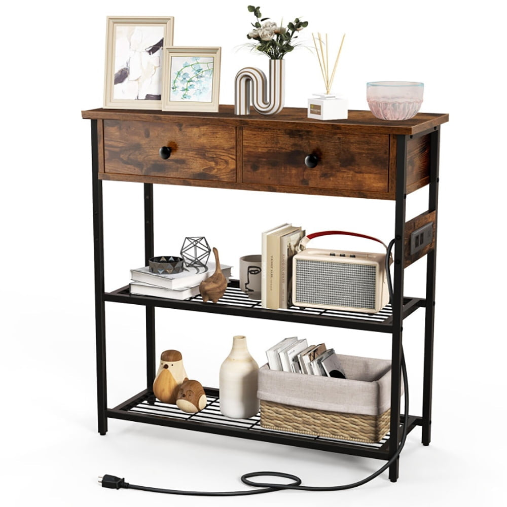 Hommoo Narrow Console Table with 2 Drawers and 2 Metal Mesh Shelves, Narrow Console Table, Rustic Brown Image 3