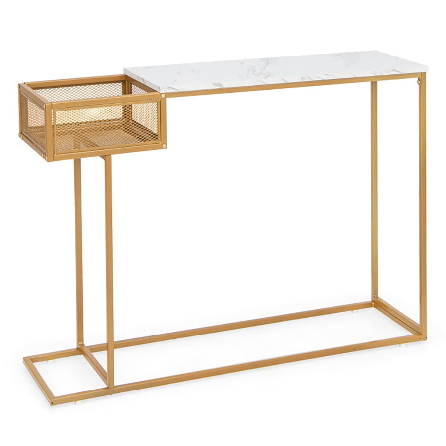 Hommoo Rectangular White Faux Marble Console Table with Storage, Narrow Console Table, Gold Image 1