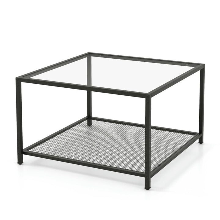 Hommoo Modern 2-Tier Square Glass Coffee Table with Mesh Shelf-Transparent, Modern Coffee Table for Living Room Office Image 1