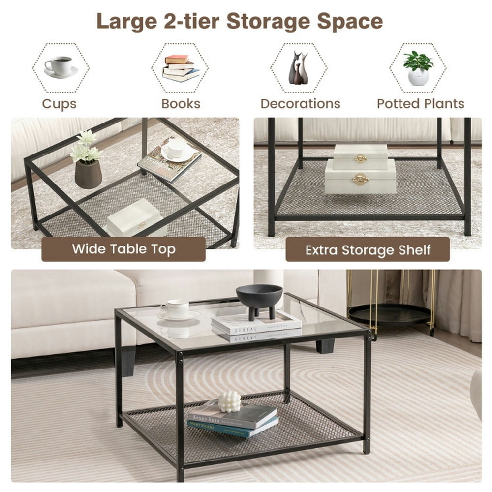 Hommoo Modern 2-Tier Square Glass Coffee Table with Mesh Shelf-Transparent, Modern Coffee Table for Living Room Office Image 2