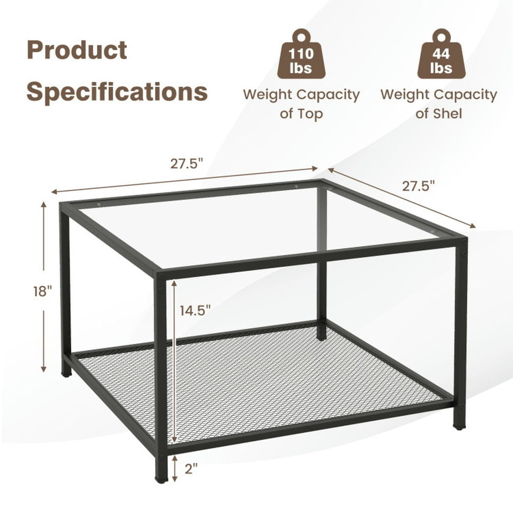 Hommoo Modern 2-Tier Square Glass Coffee Table with Mesh Shelf-Transparent, Modern Coffee Table for Living Room Office Image 3