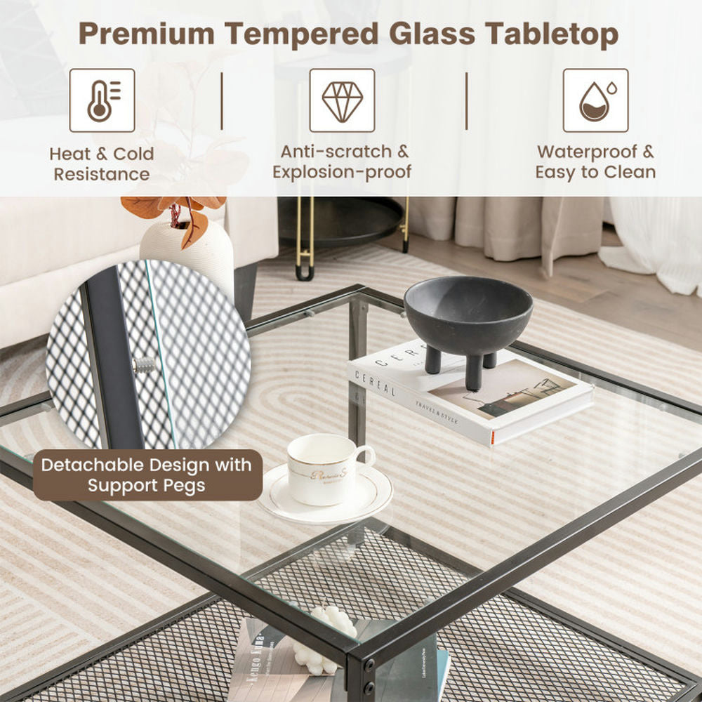 Hommoo Modern 2-Tier Square Glass Coffee Table with Mesh Shelf-Transparent, Modern Coffee Table for Living Room Office Image 5