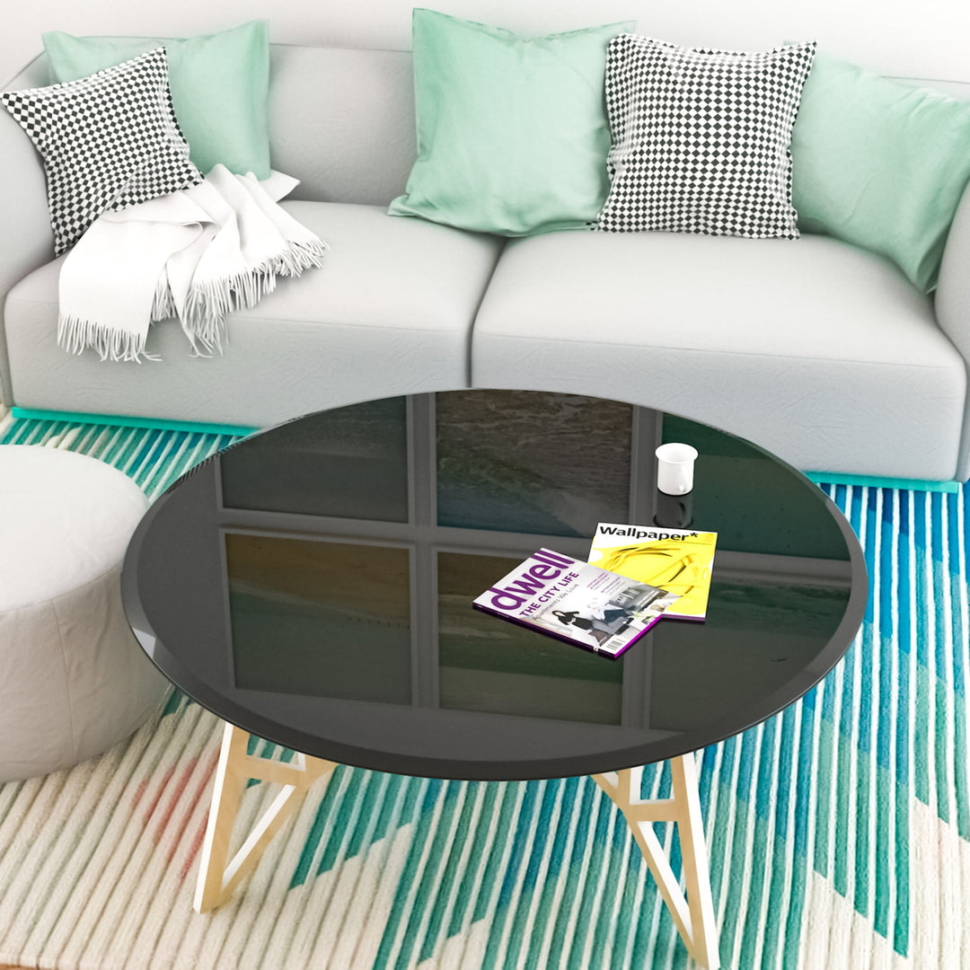 Hommoo 38.6" Round Tempered Glass Table Top black Glass 0.47" Thick Beveled Polished Edge, Modern Coffee Table for Image 1