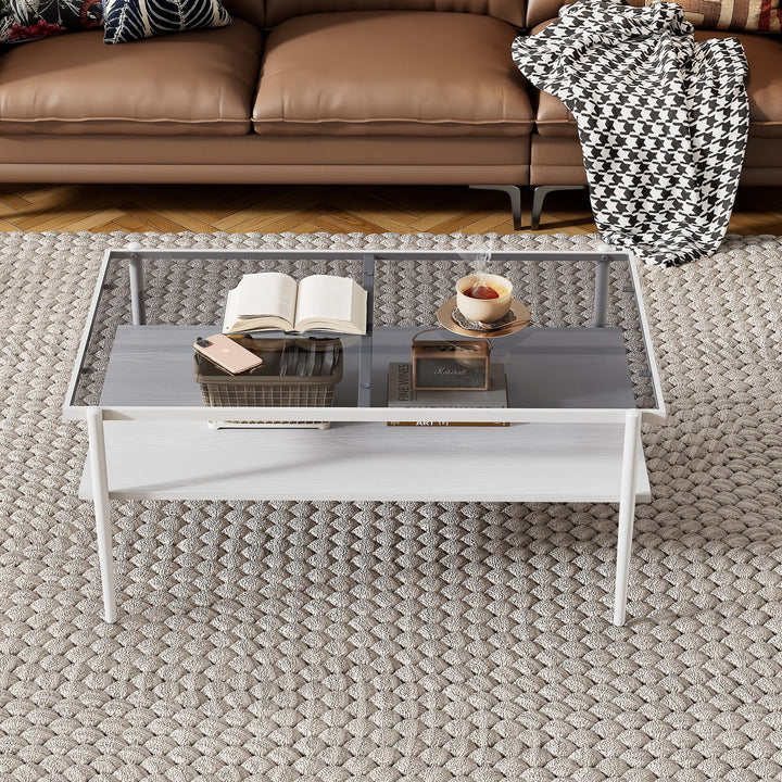 Hommoo Rectangle Coffee Table with Gray Tempered Glass top and White Legs, Modern Table for Living Room, Modern Coffee Image 1