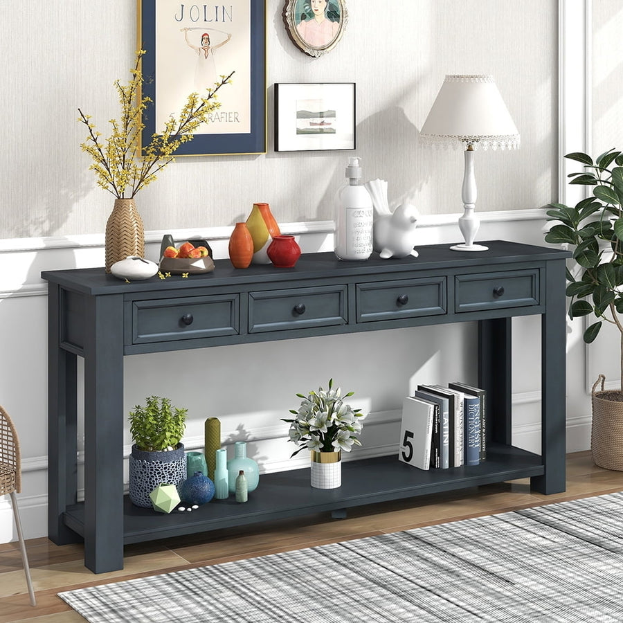 Hommoo Navy Blue Entryway Table with 4 Drawers and Storage Shelf Distressed Finish Image 1