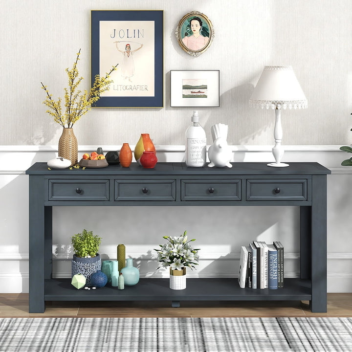 Hommoo Navy Blue Entryway Table with 4 Drawers and Storage Shelf Distressed Finish Image 3