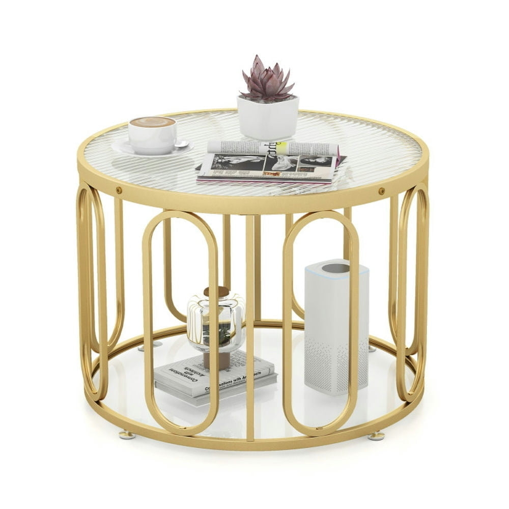 Hommoo Coffee Table,Center Table, 24 Inch Round Coffee Table with Reeded Tempered Glass Top and Oval Swivel Image 4