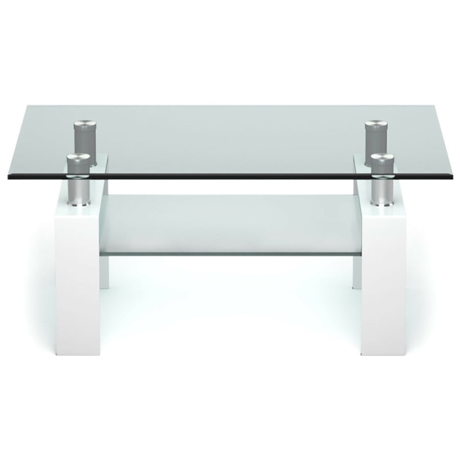 Hommoo Coffee Table, Modern Sofa Table Tea Table,Rectangle Glass Coffee Table with Metal Legs for Living Room-White Image 1