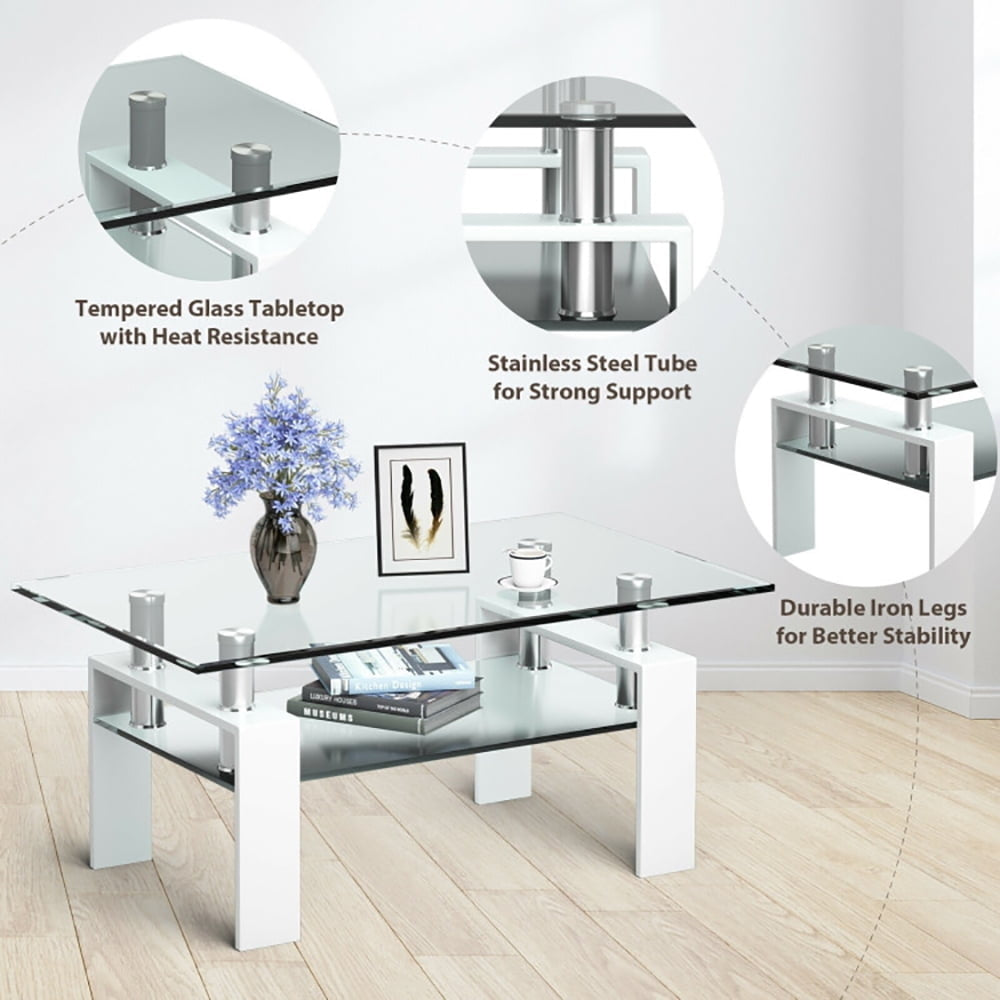 Hommoo Coffee Table, Modern Sofa Table Tea Table,Rectangle Glass Coffee Table with Metal Legs for Living Room-White Image 3