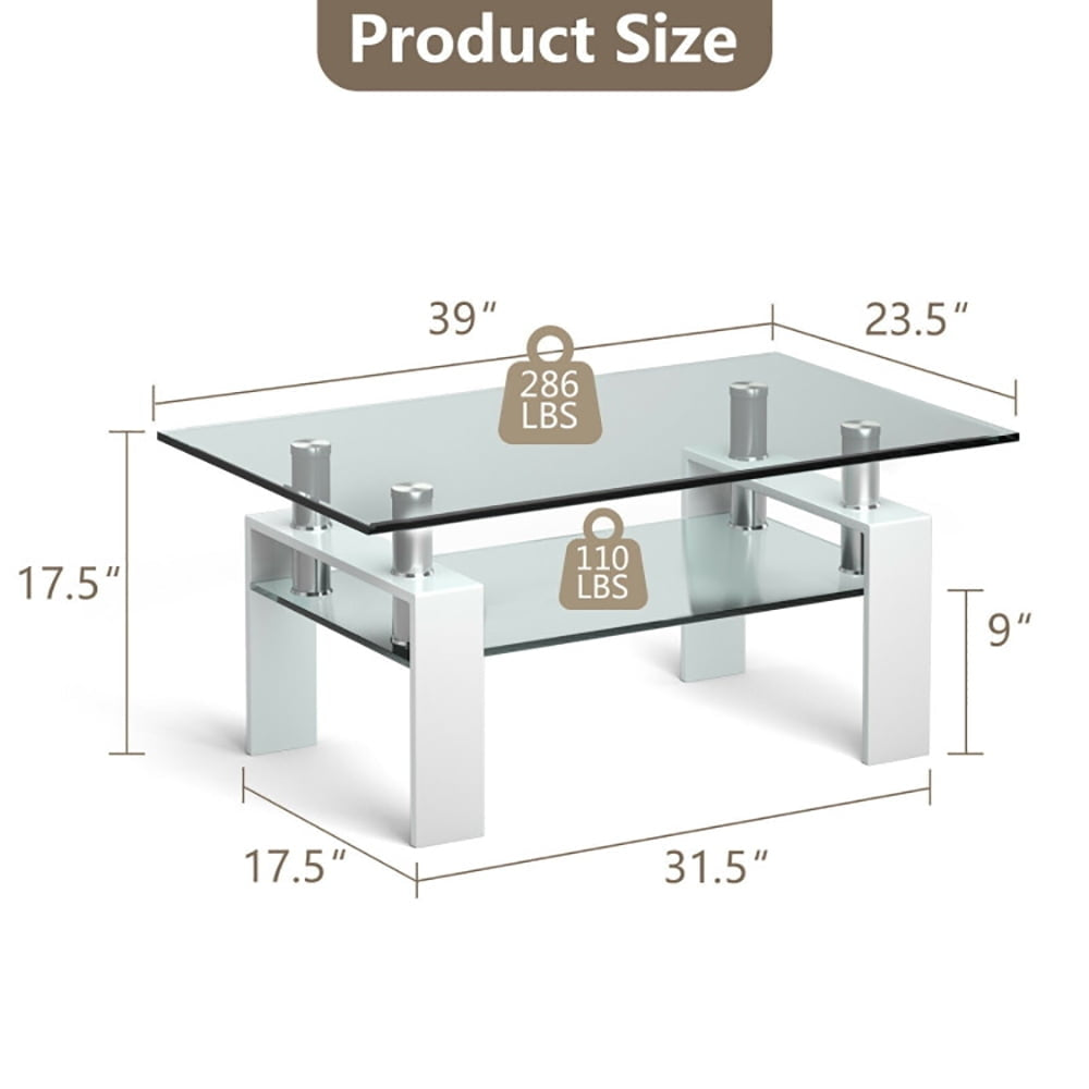 Hommoo Coffee Table, Modern Sofa Table Tea Table,Rectangle Glass Coffee Table with Metal Legs for Living Room-White Image 6