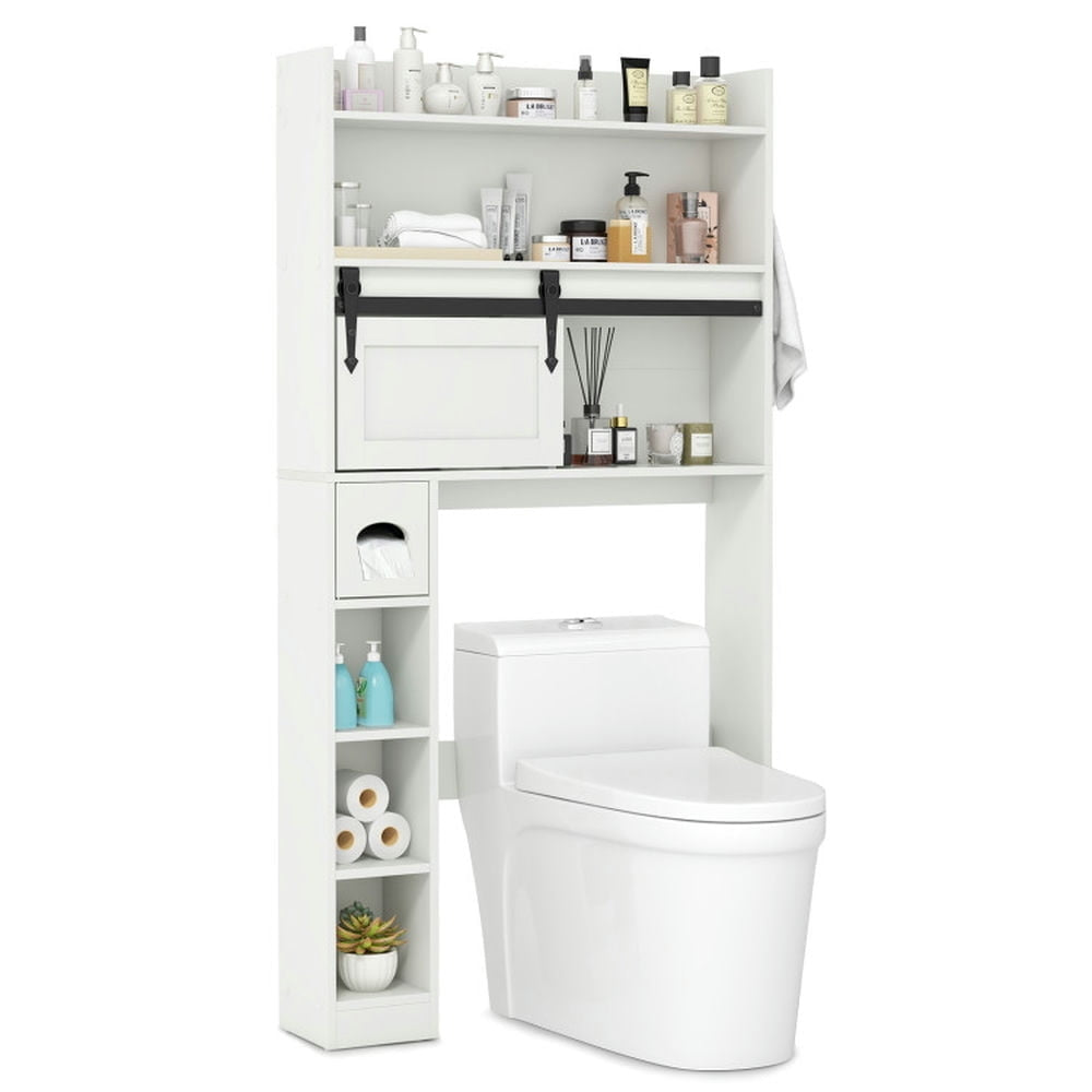 Hommoo Over The Toilet Storage Cabinet with Sliding Barn Door and Adjustable Shelves-White, Bathroom Cabinet Organizer Image 4