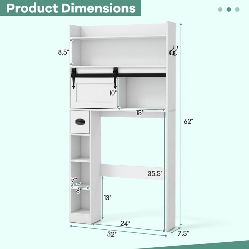 Hommoo Over The Toilet Storage Cabinet with Sliding Barn Door and Adjustable Shelves-White, Bathroom Cabinet Organizer Image 5