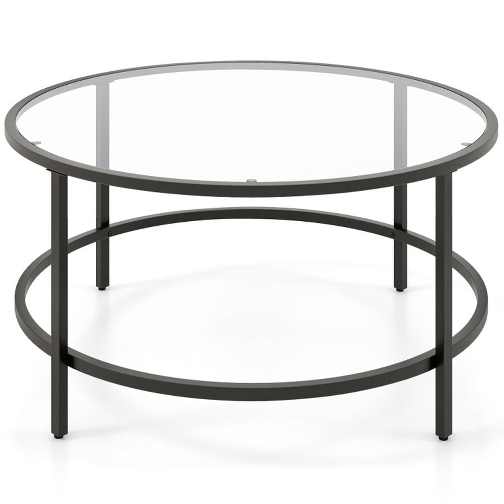 Hommoo 36 Inch Round Coffee Table with Tempered Glass Tabletop-Black, Modern Coffee Table for Living Room Office Image 1