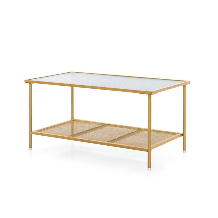 Hommoo 2-Tier Coffee Table with Shelf Center Tea Table with Tempered Glass Top-Golden, Modern Coffee Table for Living Image 1