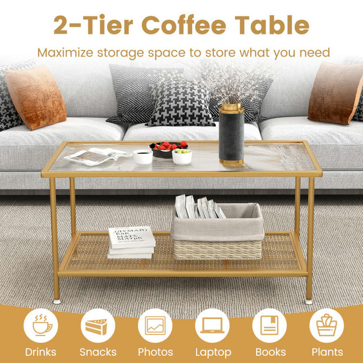 Hommoo 2-Tier Coffee Table with Shelf Center Tea Table with Tempered Glass Top-Golden, Modern Coffee Table for Living Image 2