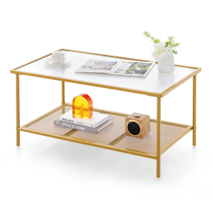 Hommoo 2-Tier Coffee Table with Shelf Center Tea Table with Tempered Glass Top-Golden, Modern Coffee Table for Living Image 4