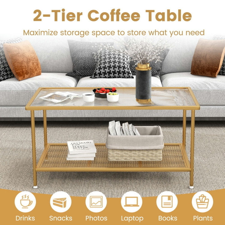 Hommoo 2-Tier Coffee Table with Shelf Center Tea Table with Tempered Glass Top-Golden, Modern Coffee Table for Living Image 5