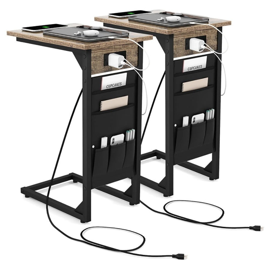 Hommoo Metal Frame End Table Set of 2, Coffee Table with Charging Station, Side End Table for Living Room, Rustic Brown Image 1