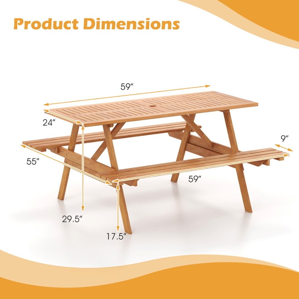 Hommoo 6 Person Picnic Table Set Patio Rectangle with 2 Built-in Benches and Umbrella Hole for Patio Back Deck, Balcany, Image 3